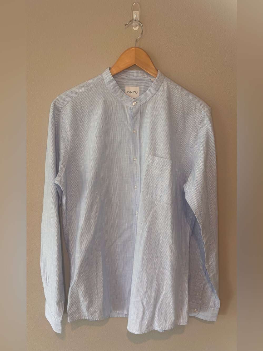 Onyu Light Blue Mandarin Collar Casual Button-Down Shirt